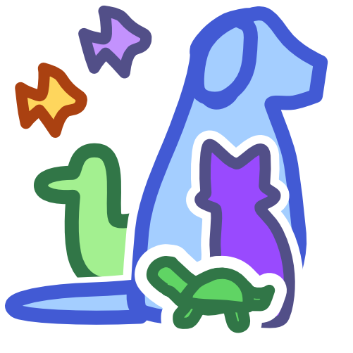 Overlapping with the body of a seated blue dog is a purple cat and a green turtle shaped creature.  Peaking out from behind the dog is a green bird, and above are 2 tropical fish, one yellow the other purple. The image has dark line art echoed with white everywhere except around the line art of the fish.
